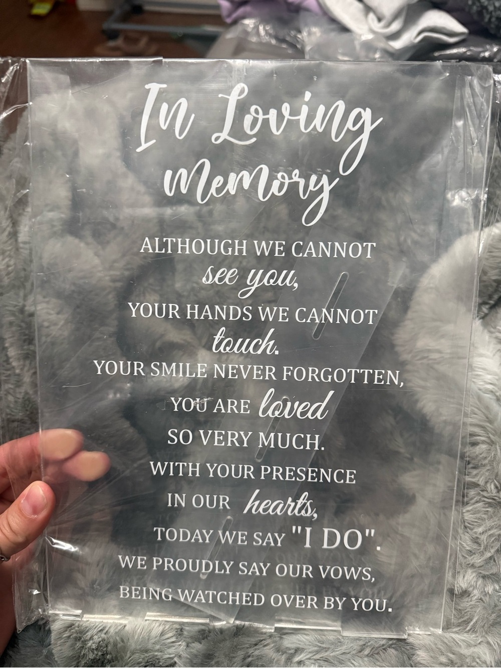 In Loving Memory Clear Acrylic Sign - White Script